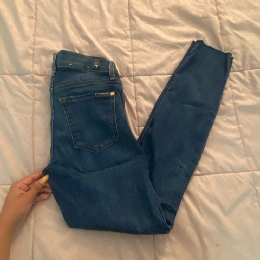 7 for all mankind ankle skinny jeans w/ raw hem, medium wash (Size 24)